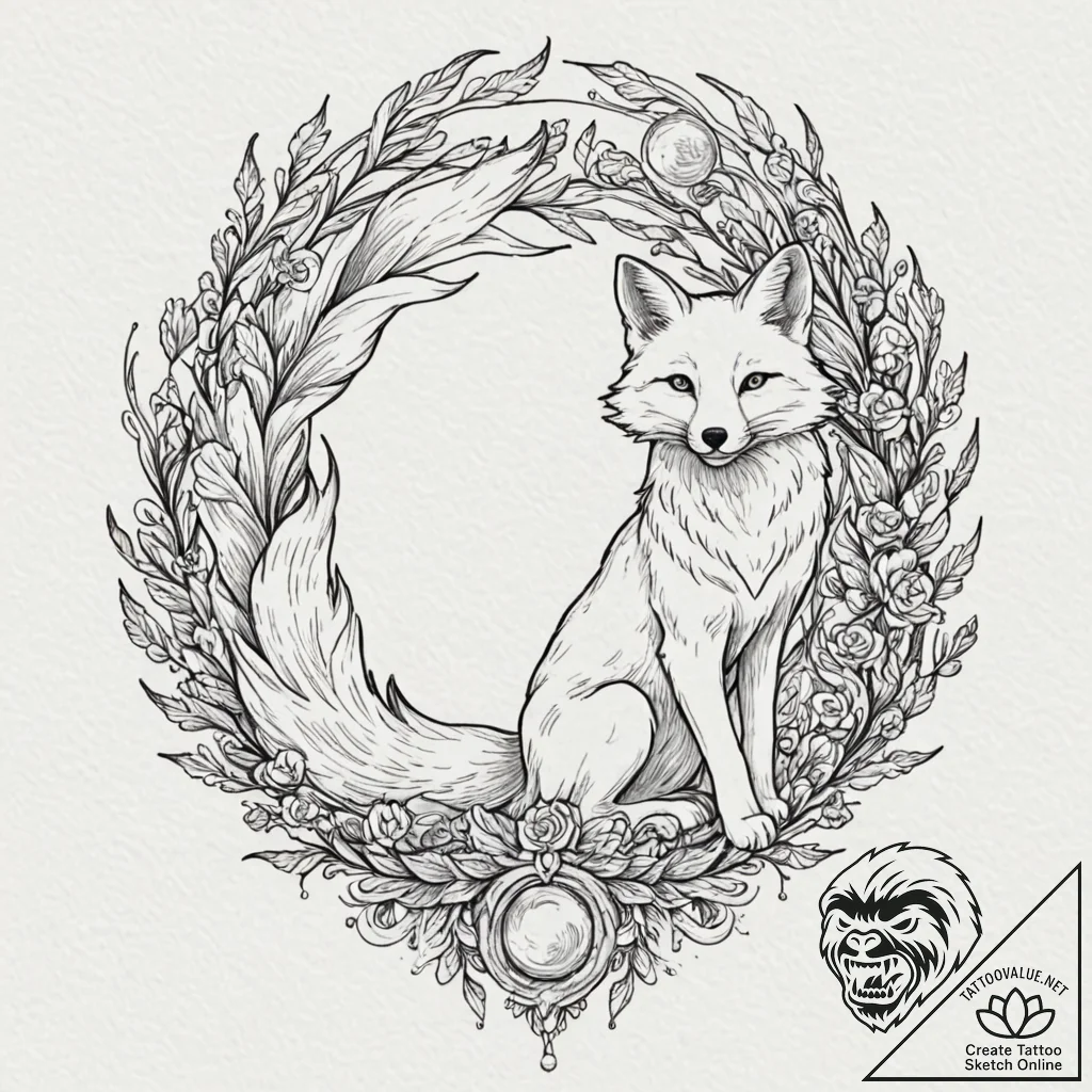Tattoo sketch, fox spirit, digital realm, a m... - tattoo sketch (№1752381971_0, 13.07.2025 04:46) — tattoovalue.net