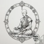 Tattoo sketch, mech-monk’s meditation garden,… – tattoo sketch (№1752384358_0, 13.07.2025 05:25) — tattoovalue.net