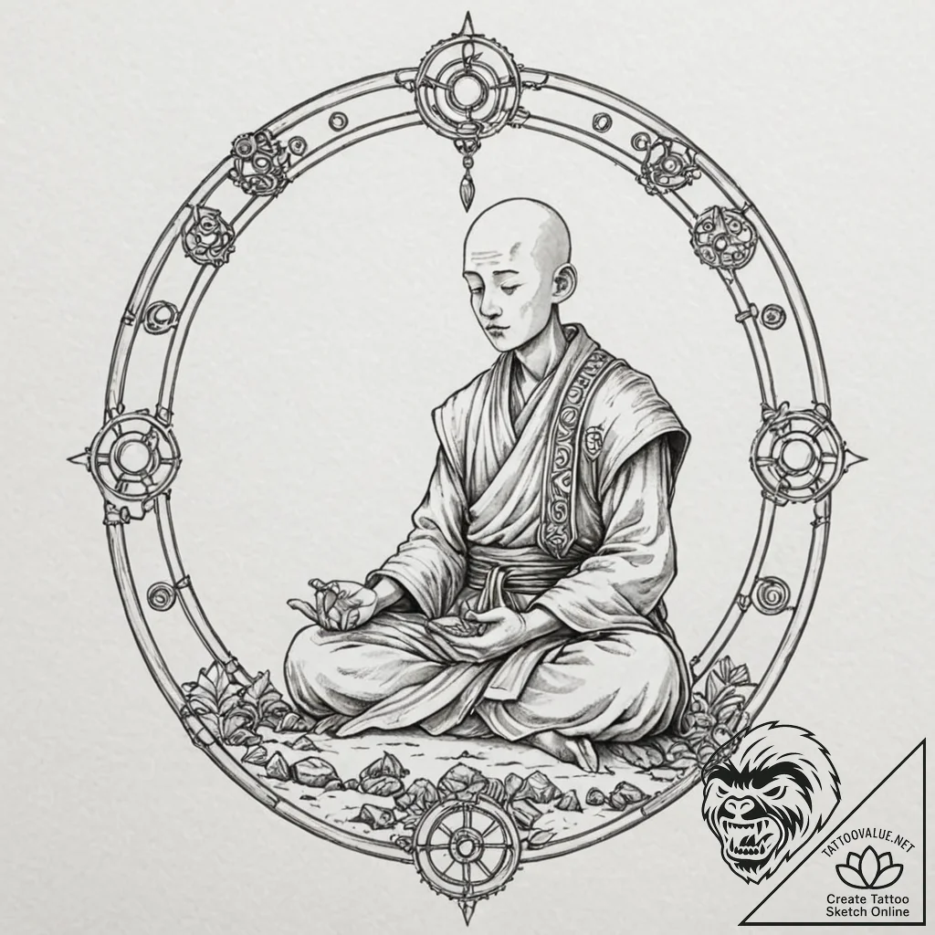 Tattoo sketch, mech-monk's meditation garden,... - tattoo sketch (№1752384358_0, 13.07.2025 05:25) — tattoovalue.net