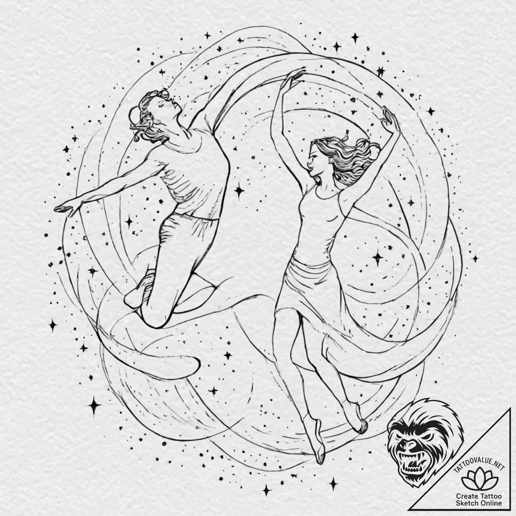 Tattoo sketch, joyful cosmic dance, two styli... - tattoo sketch (№1752385126_0, 13.07.2025 05:38) — tattoovalue.net