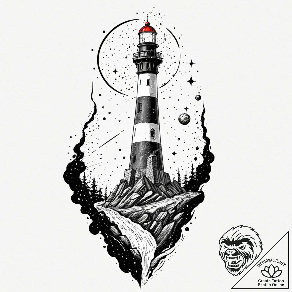 Tattoo sketch, deep space lighthouse, a tall,... - tattoo sketch (№1752385640_0, 13.07.2025 05:47) — tattoovalue.net