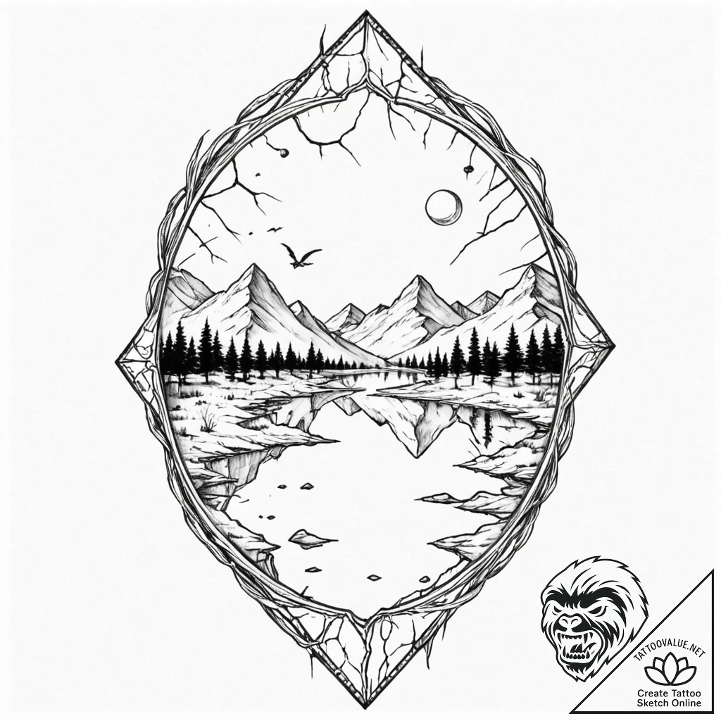 Tattoo sketch, broken mirror reflecting a dis... - tattoo sketch (№1752385725_0, 13.07.2025 05:48) — tattoovalue.net