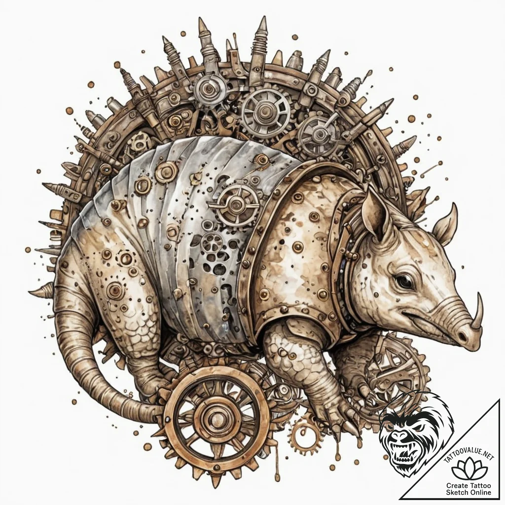 Tattoo sketch, armored armadillo with a steam... - tattoo sketch (№1752386488_0, 13.07.2025 06:01) — tattoovalue.net