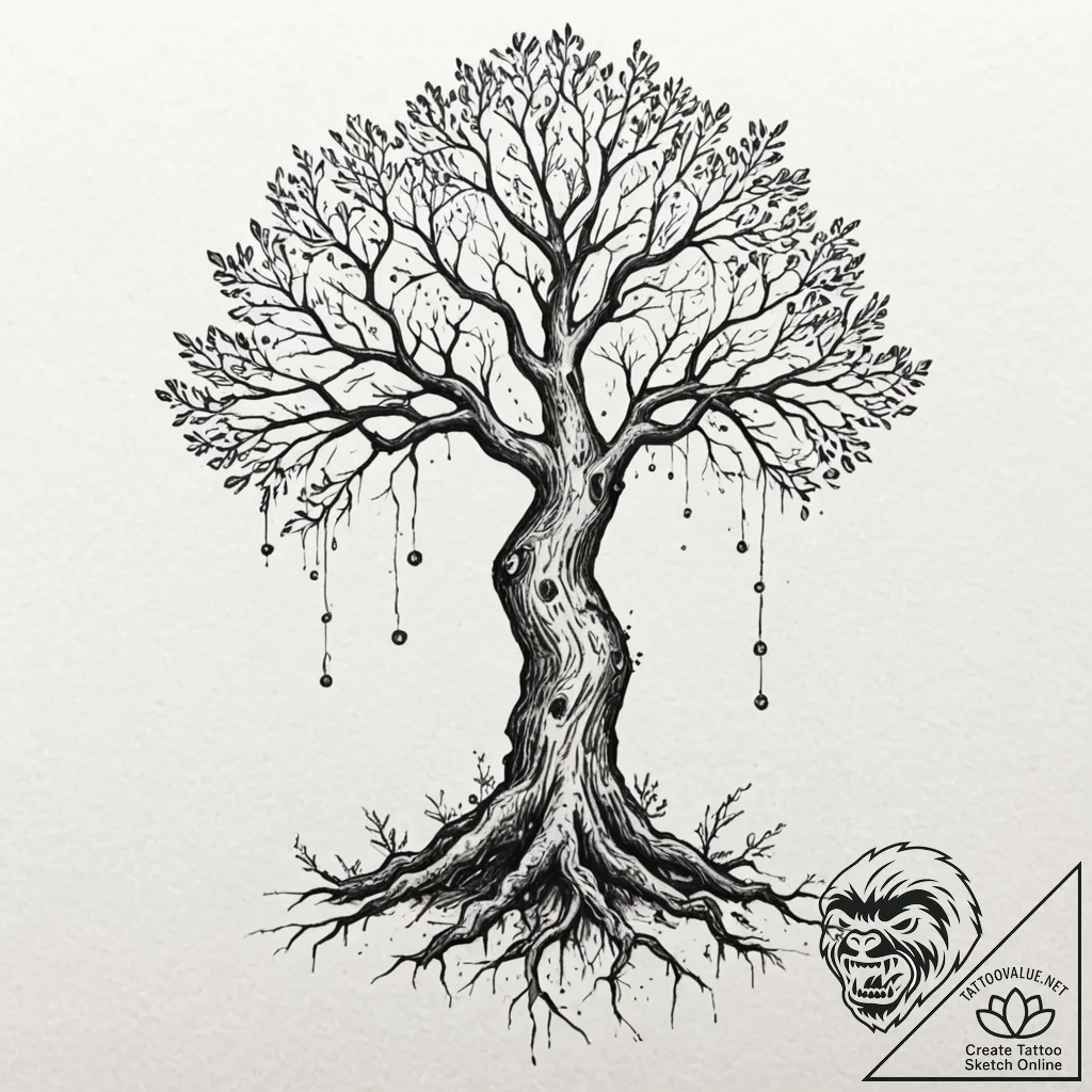 Tattoo sketch, upside-down reality tree, a ma... - tattoo sketch (№1752388450_0, 13.07.2025 06:34) — tattoovalue.net