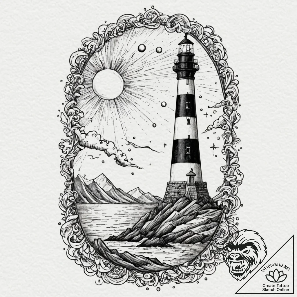 Tattoo sketch, eclipsed lighthouse beam, a li... - tattoo sketch (№1752388877_0, 13.07.2025 06:41) — tattoovalue.net