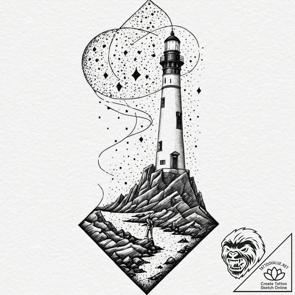 Tattoo sketch, galactic lighthouse keeper, a... - tattoo sketch (№1752389303_0, 13.07.2025 06:48) — tattoovalue.net