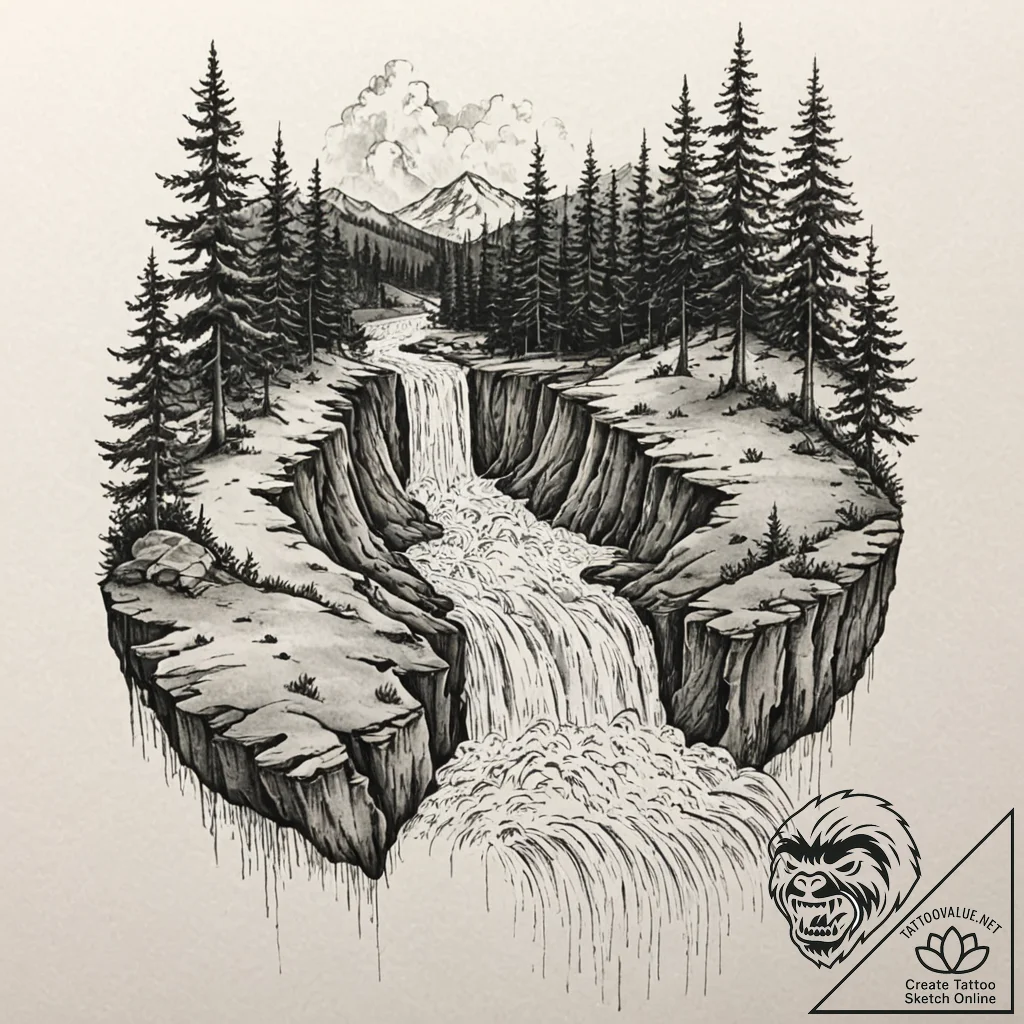 Tattoo sketch, whispering waterfall of time,... - tattoo sketch (№1752390487_0, 13.07.2025 07:08) — tattoovalue.net