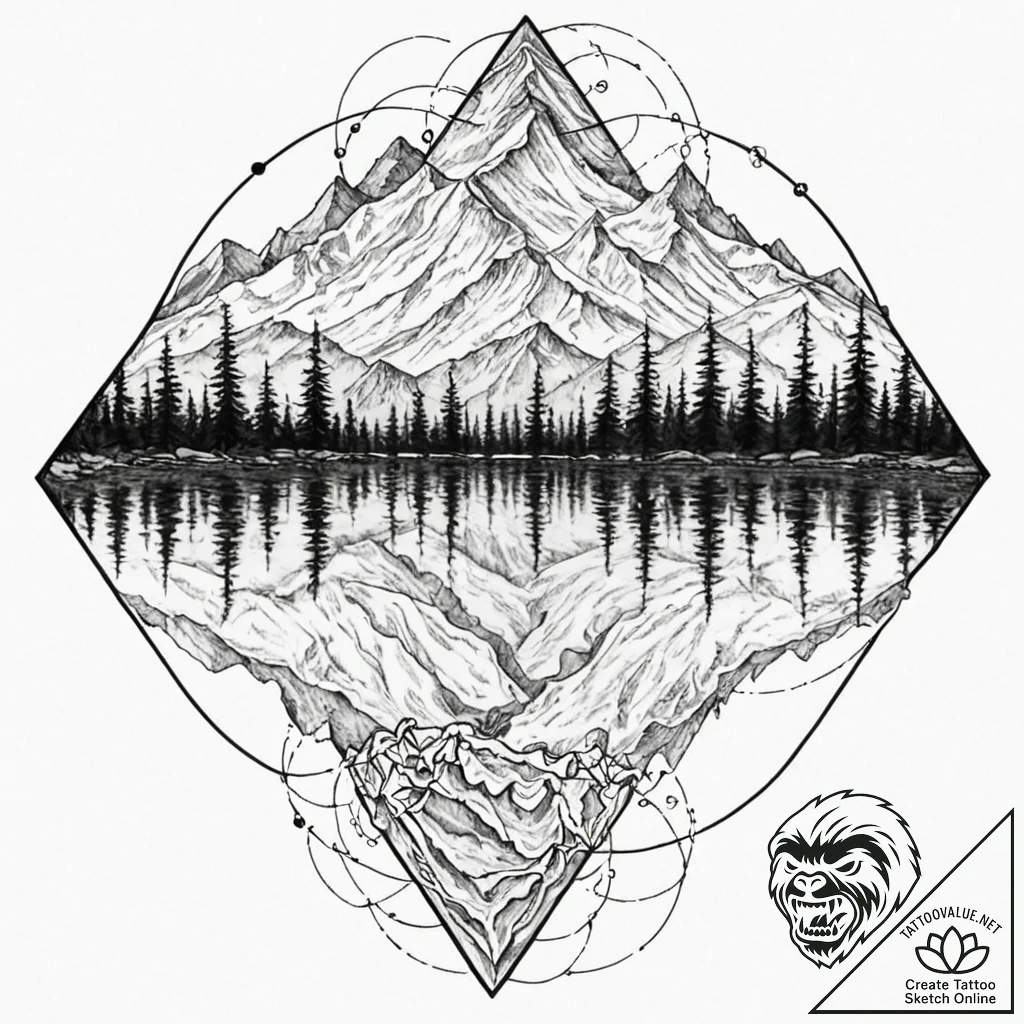 Tattoo sketch, mirrored mountain of mind, a c... - tattoo sketch (№1752390995_0, 13.07.2025 07:16) — tattoovalue.net