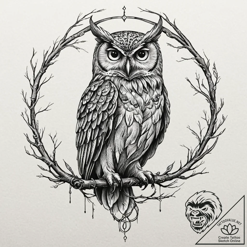 Tattoo sketch, owl of ancient code, a wise, m... - tattoo sketch (№1752391338_0, 13.07.2025 07:22) — tattoovalue.net