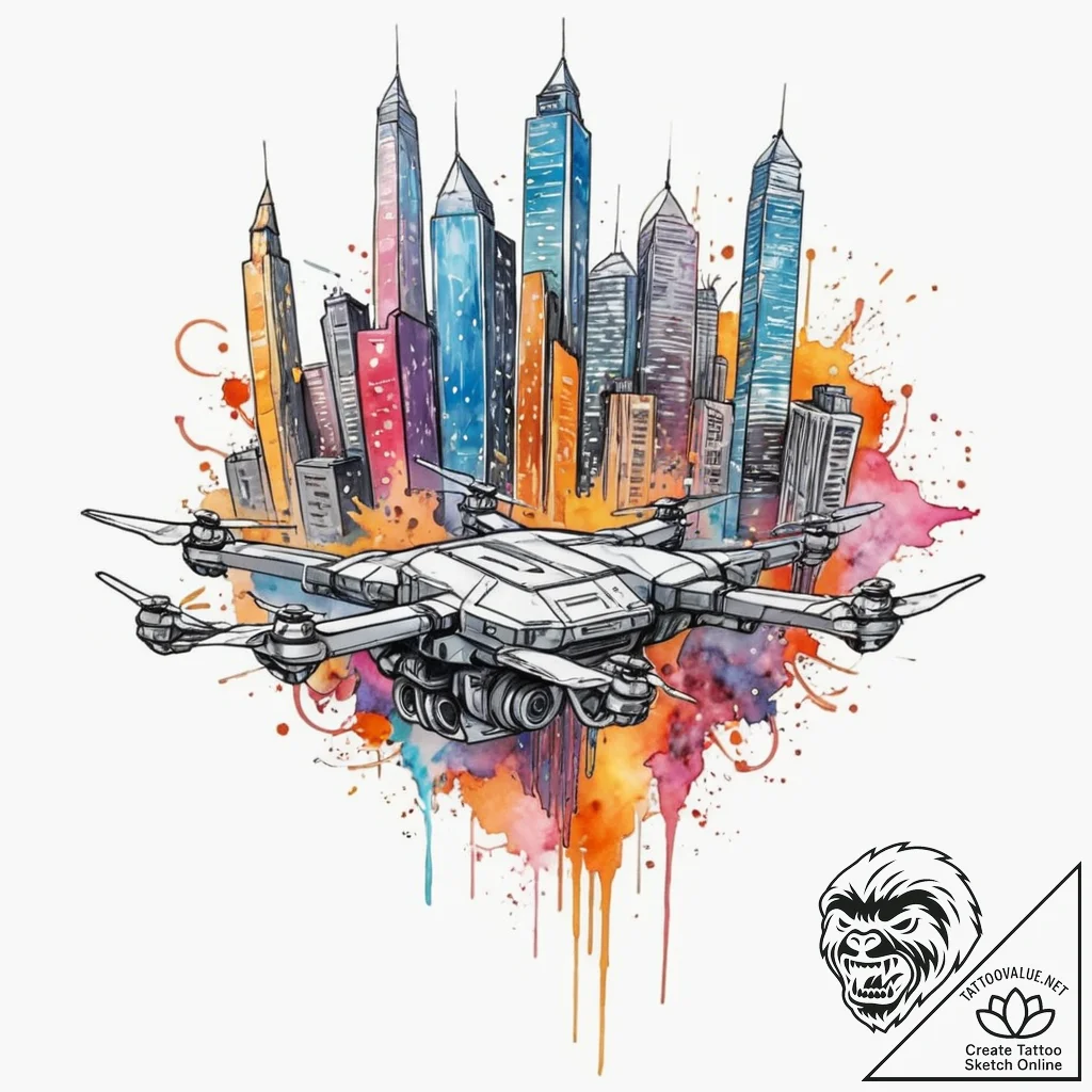 Tattoo sketch, kinetic cityscape drone, a sle... - tattoo sketch (№1752392019_0, 13.07.2025 07:33) — tattoovalue.net