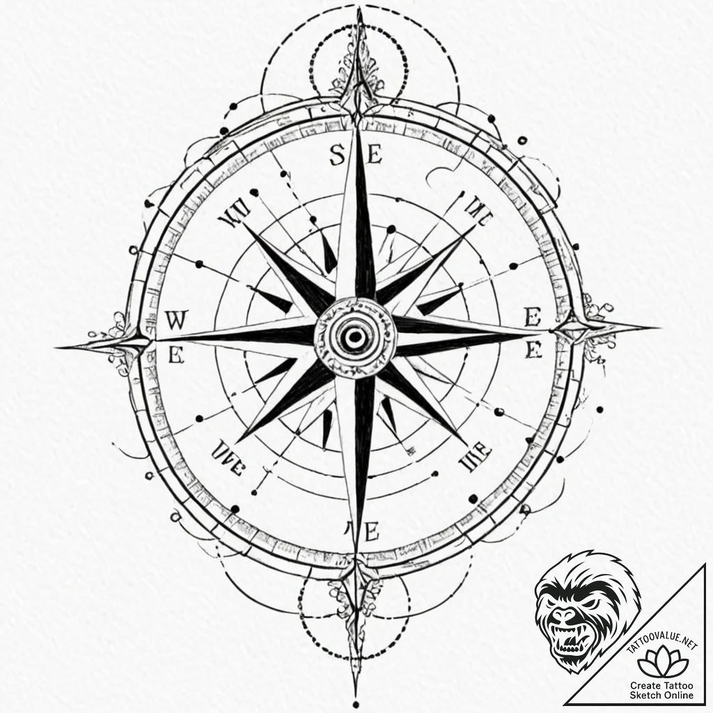 Tattoo sketch, celestial compass: a compass t... - tattoo sketch (№1752393306_0, 13.07.2025 07:55) — tattoovalue.net