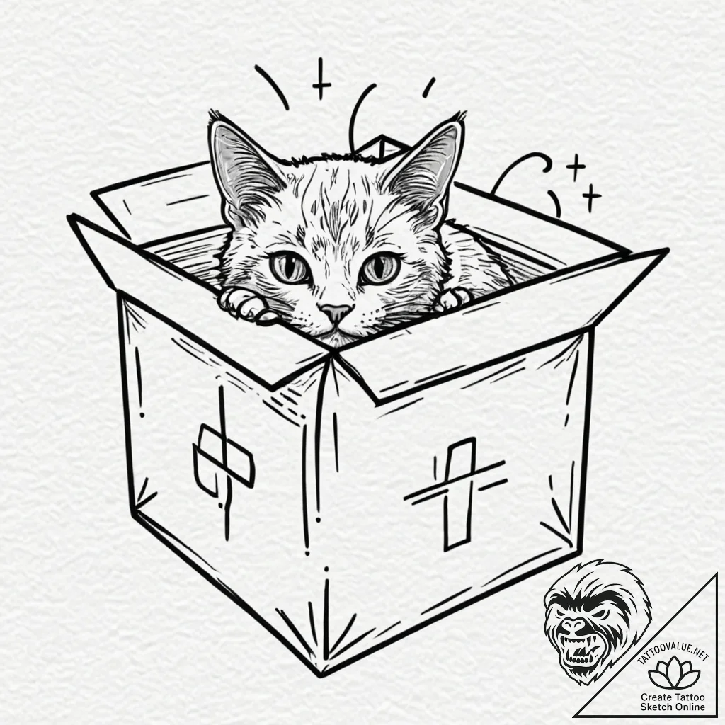 Tattoo sketch, kitty in a quantum box, a whim... - tattoo sketch (№1752393392_0, 13.07.2025 07:56) — tattoovalue.net