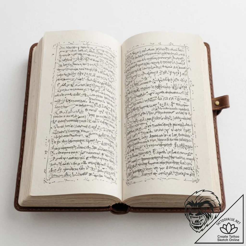 Tattoo sketch, unwritten algorithm tome, an a... - tattoo sketch (№1752394863_0, 13.07.2025 08:21) — tattoovalue.net