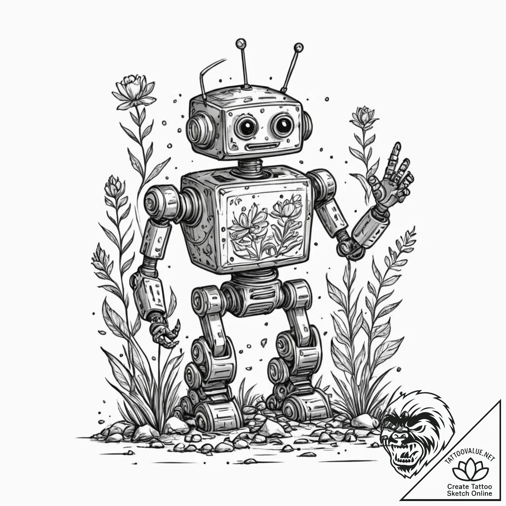 Tattoo sketch, whimsical robot gardener, a sm... - tattoo sketch (№1752395208_0, 13.07.2025 08:26) — tattoovalue.net
