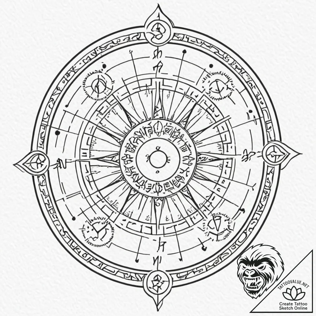 Tattoo sketch, zodiac wheel, algorithm driven... - tattoo sketch (№1752395635_0, 13.07.2025 08:33) — tattoovalue.net