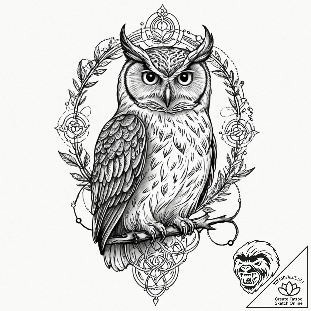 Tattoo sketch, enlightened owl, quantum glow,... - tattoo sketch (№1752395724_0, 13.07.2025 08:35) — tattoovalue.net
