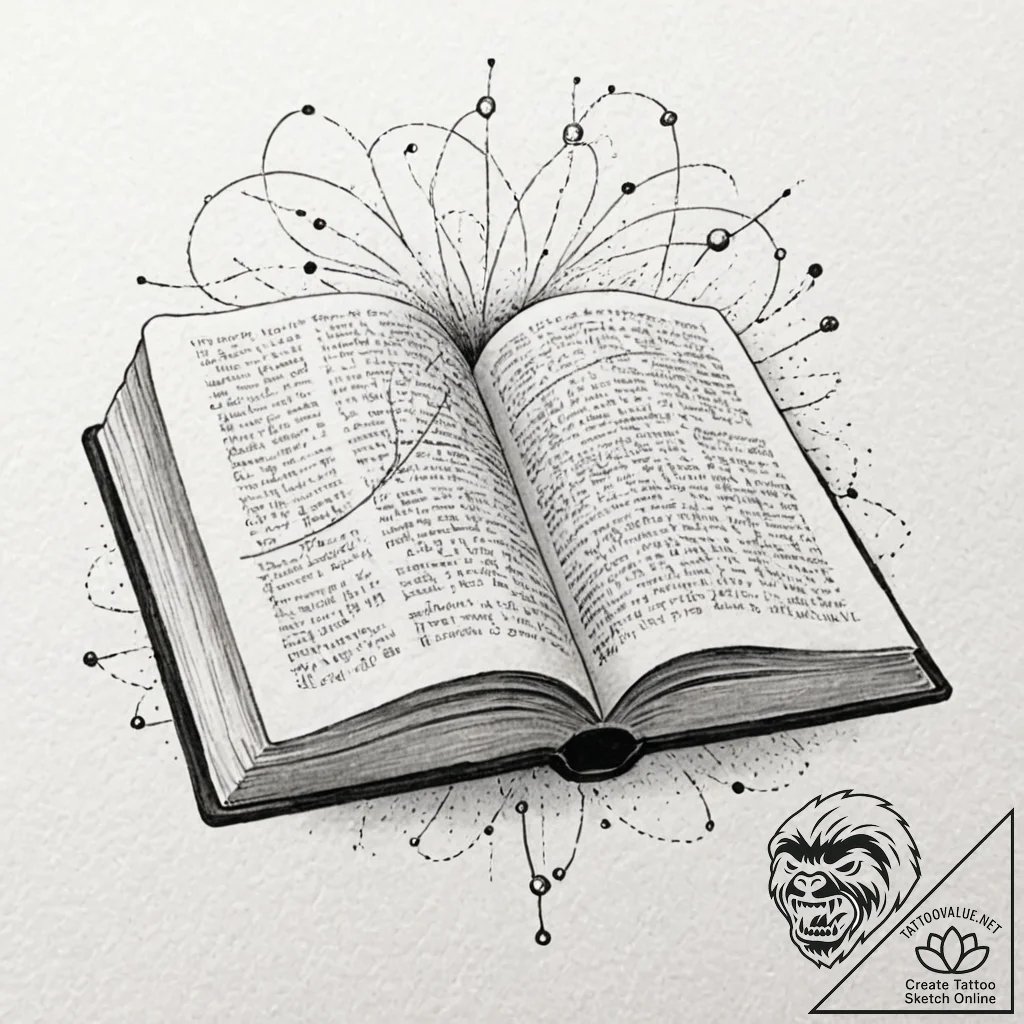 Tattoo sketch, open book, evolving narrative,... - tattoo sketch (№1752395979_0, 13.07.2025 08:39) — tattoovalue.net