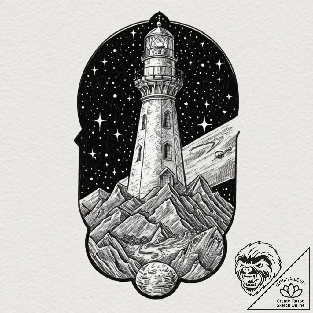 Tattoo sketch, deep space lighthouse, a tall,... - tattoo sketch (№1752396837_0, 13.07.2025 08:53) — tattoovalue.net