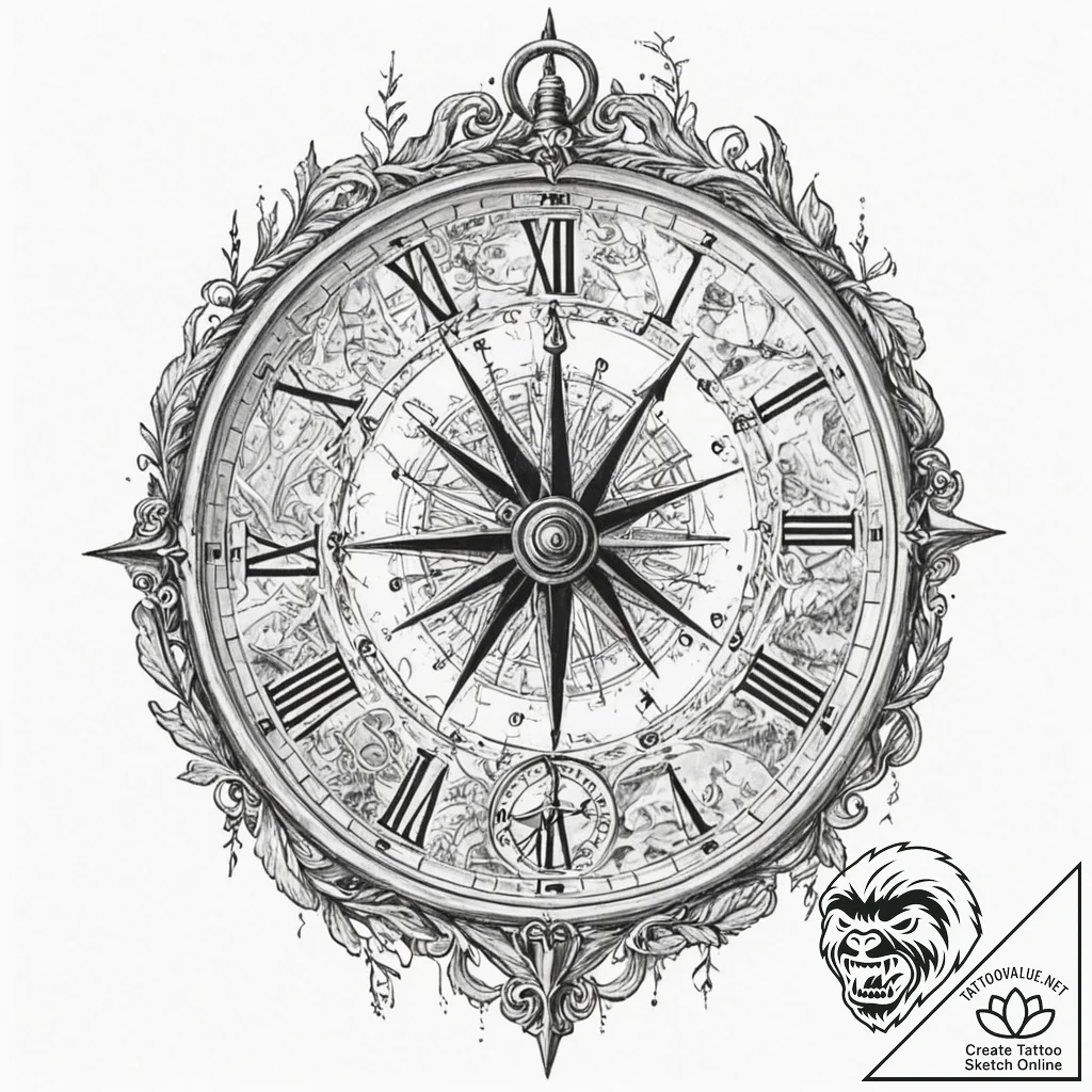 Tattoo sketch, timekeeper's torn map, an anci... - tattoo sketch (№1752396922_0, 13.07.2025 08:55) — tattoovalue.net