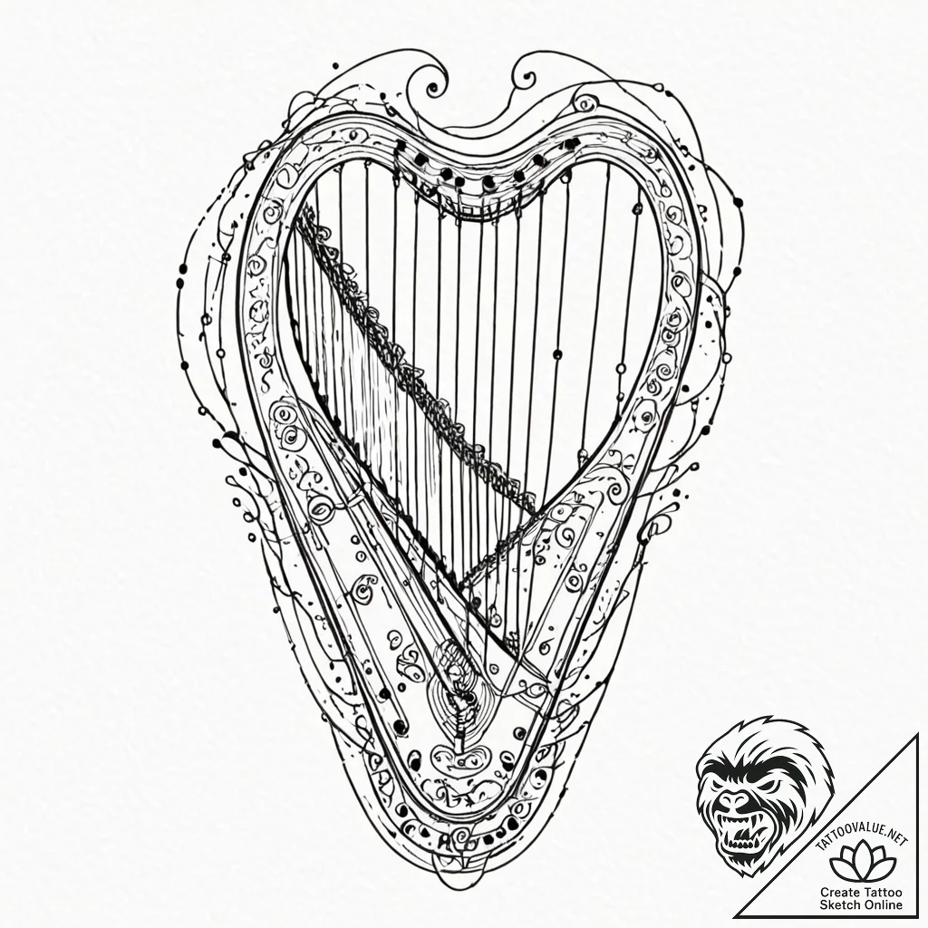 Tattoo sketch, zither, echoes of algorithms,... - tattoo sketch (№1752397525_0, 13.07.2025 09:05) — tattoovalue.net