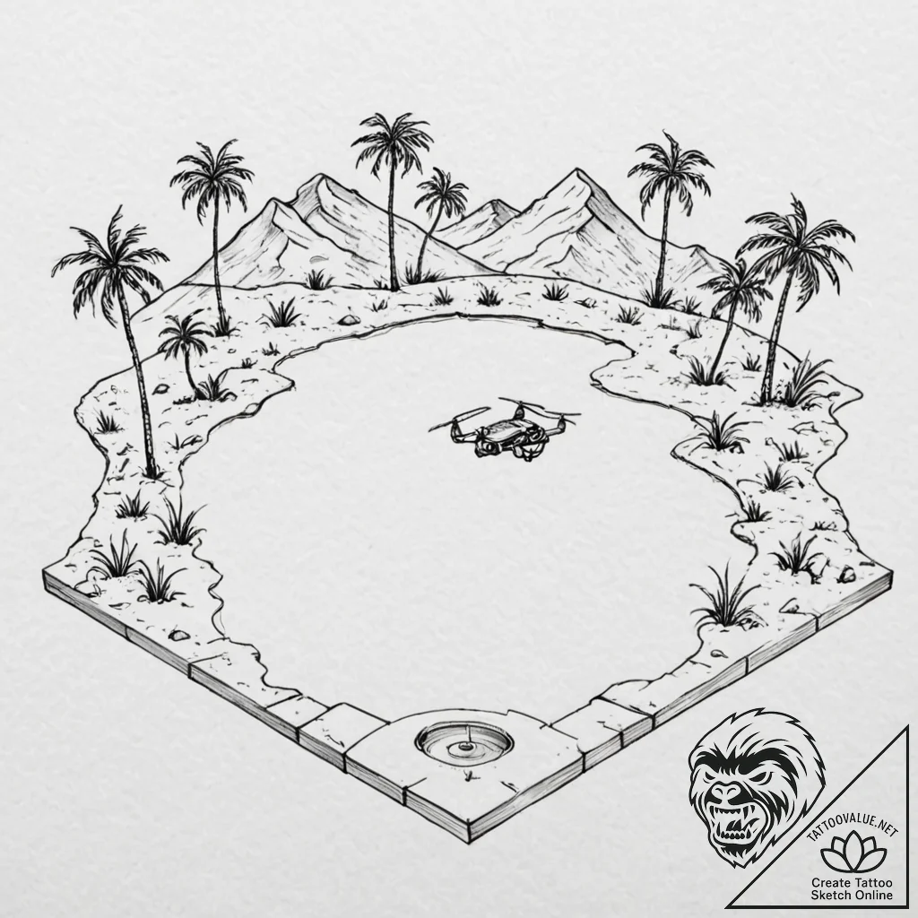 Tattoo sketch, deserted drone oasis, a desola... - tattoo sketch (№1752398393_0, 13.07.2025 09:19) — tattoovalue.net