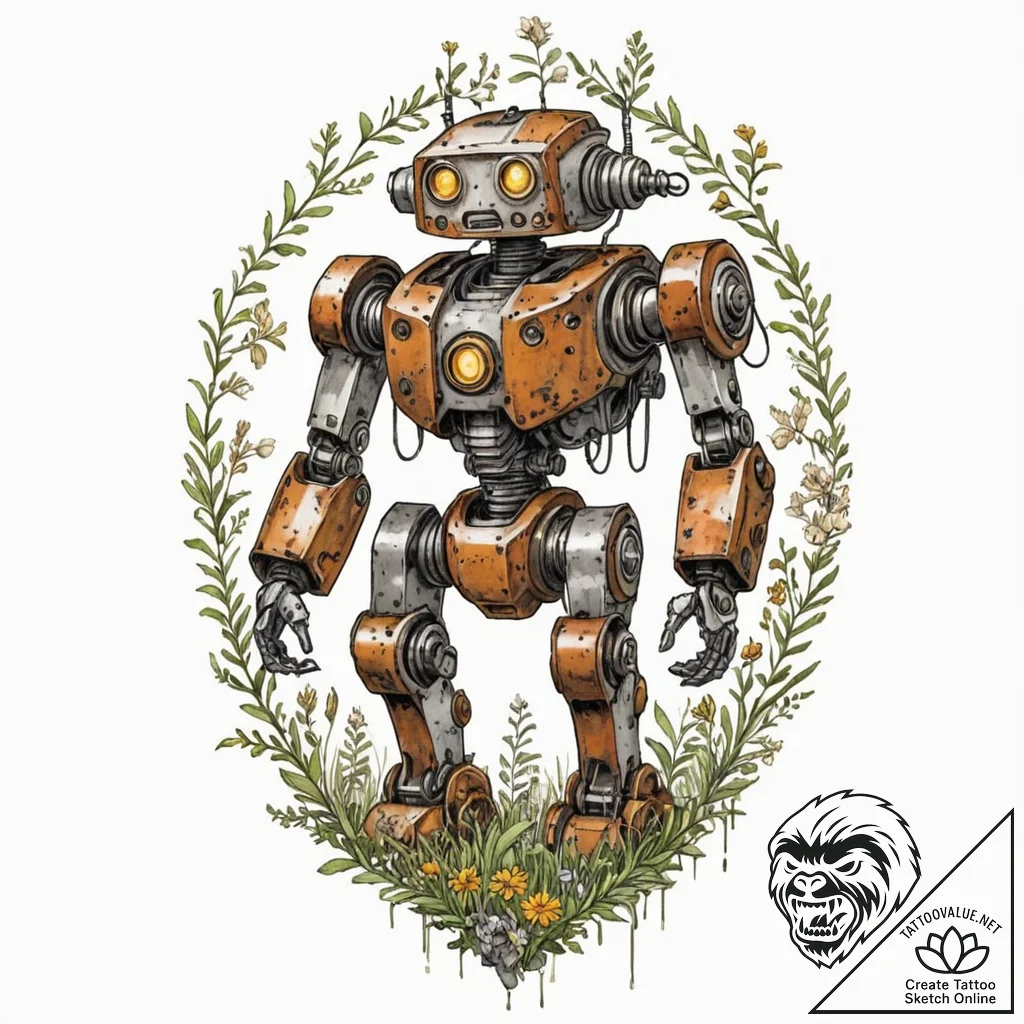 Tattoo sketch, rusted robot, reclaimed by rus... - tattoo sketch (№1752399418_0, 13.07.2025 09:36) — tattoovalue.net