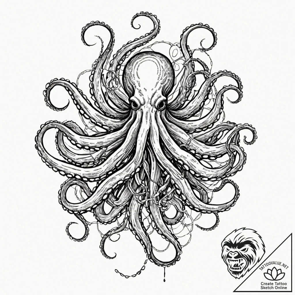 Tattoo sketch, kraken of the deep web, a mass... - tattoo sketch (№1752400621_0, 13.07.2025 09:57) — tattoovalue.net