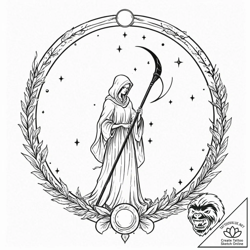 Tattoo sketch, scythe of cosmic harvest, a st... - tattoo sketch (№1752400705_0, 13.07.2025 09:58) — tattoovalue.net