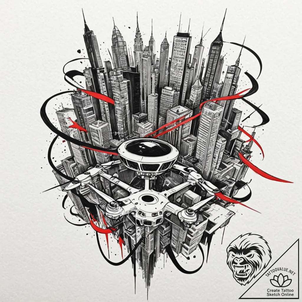 Tattoo sketch, kinetic cityscape drone, a sle... - tattoo sketch (№1752401579_0, 13.07.2025 10:12) — tattoovalue.net