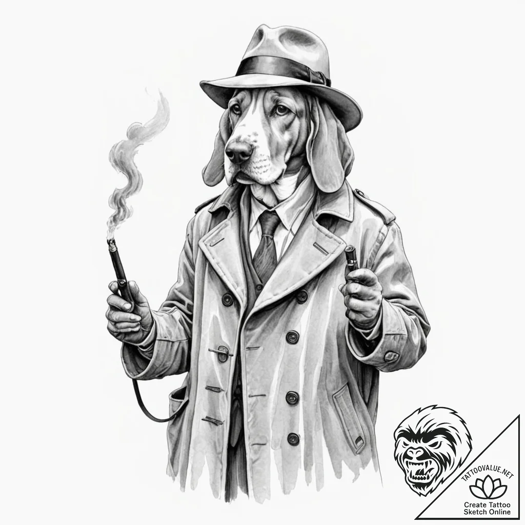 Tattoo sketch, basset hound wearing a detecti... - tattoo sketch (№1752404151_0, 13.07.2025 10:55) — tattoovalue.net
