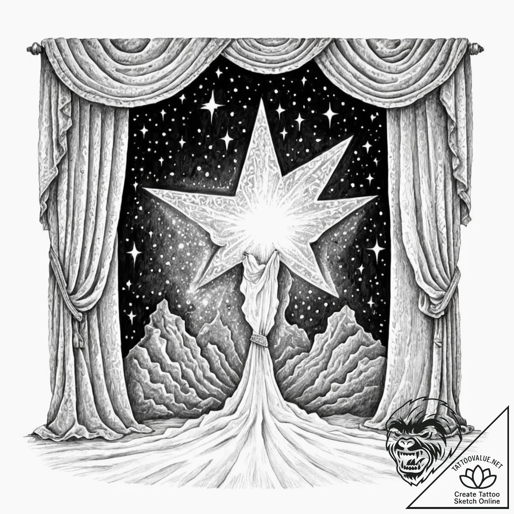 Tattoo sketch, velvet curtain, starlight reve... - tattoo sketch (№1752404236_0, 13.07.2025 10:57) — tattoovalue.net