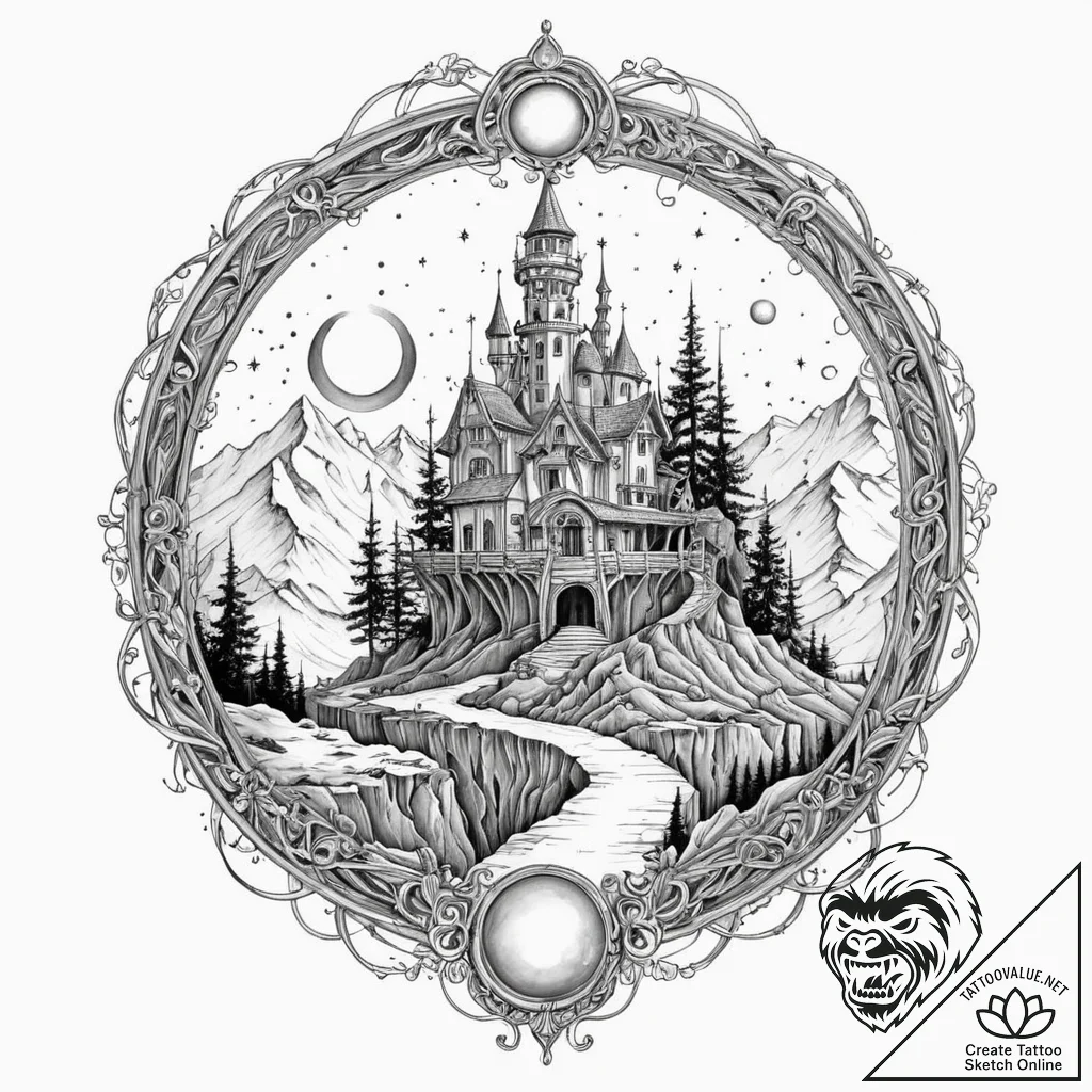 Tattoo sketch, outpost on the edge of reality... - tattoo sketch (№1752404582_0, 13.07.2025 11:03) — tattoovalue.net