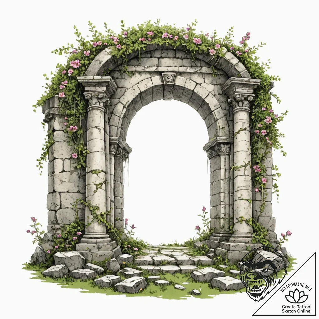 Tattoo sketch, resilient ruin, blooming data,... - tattoo sketch (№1752404751_0, 13.07.2025 11:05) — tattoovalue.net