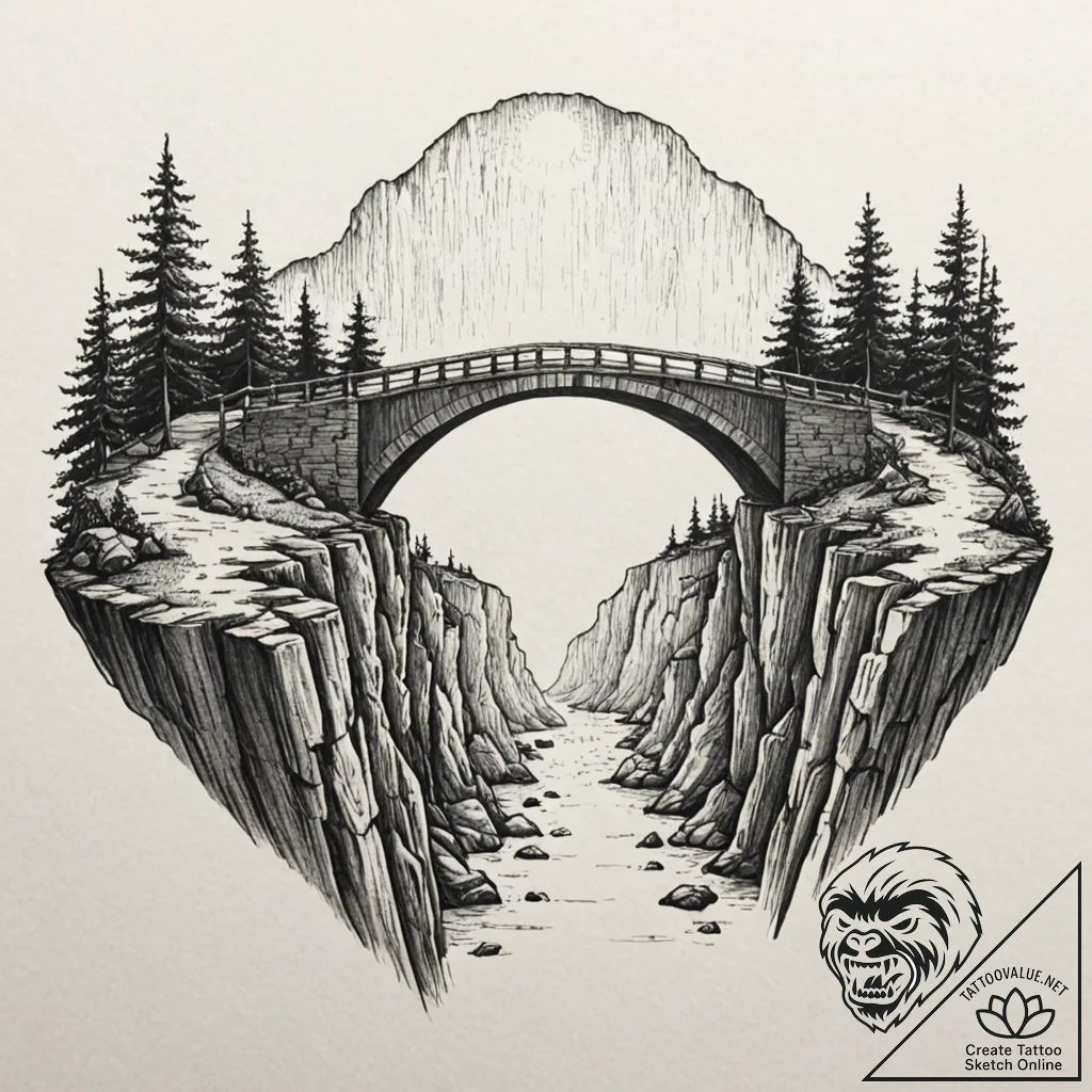 Tattoo sketch, bridge spanning a chasm, half... - tattoo sketch (№1752405205_0, 13.07.2025 11:13) — tattoovalue.net