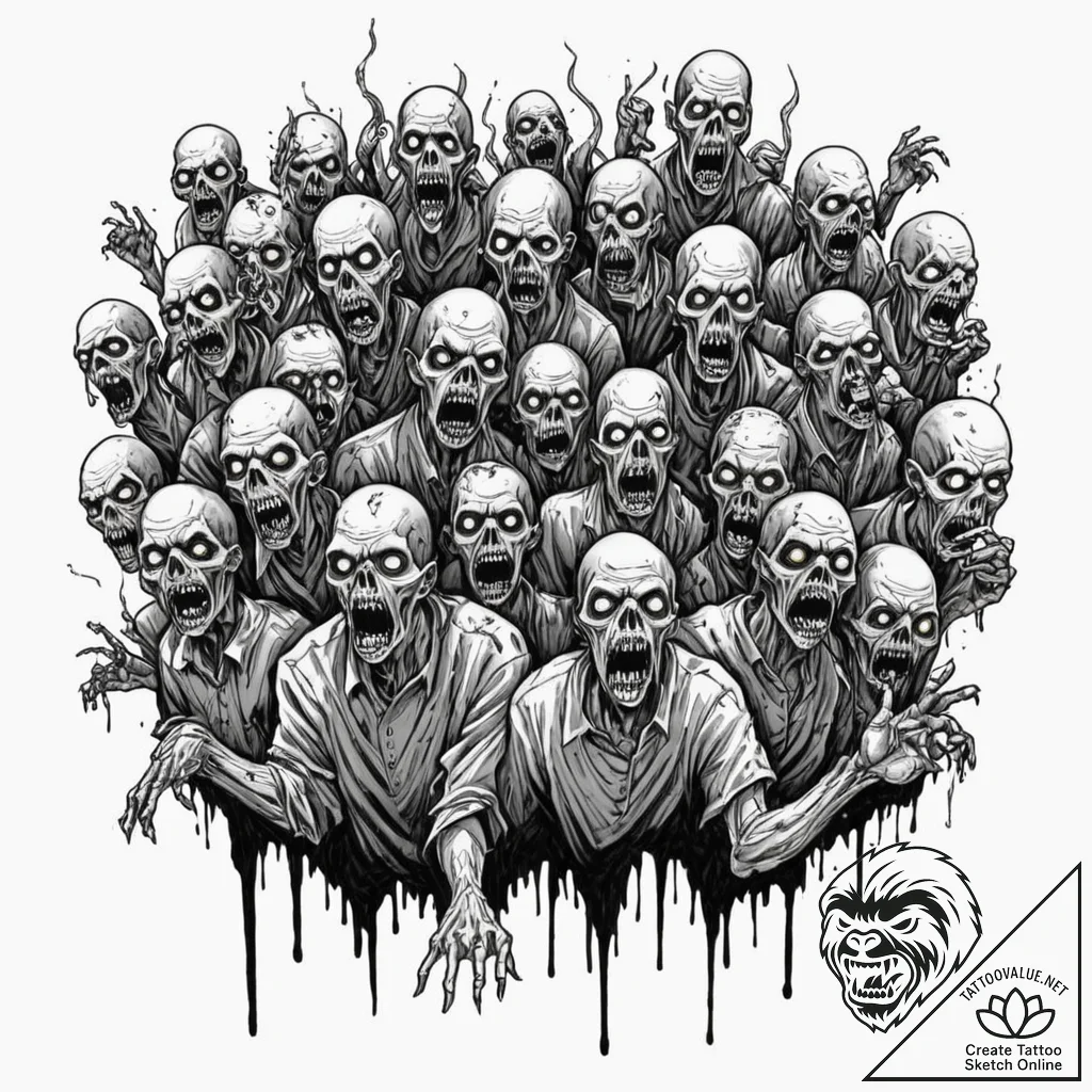 Tattoo sketch, zombie horde, digital glitch e... - tattoo sketch (№1752406578_0, 13.07.2025 11:36) — tattoovalue.net