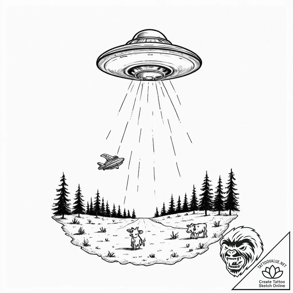 Tattoo sketch, alien abduction scene, whimsic... - tattoo sketch (№1752407341_0, 13.07.2025 11:49) — tattoovalue.net