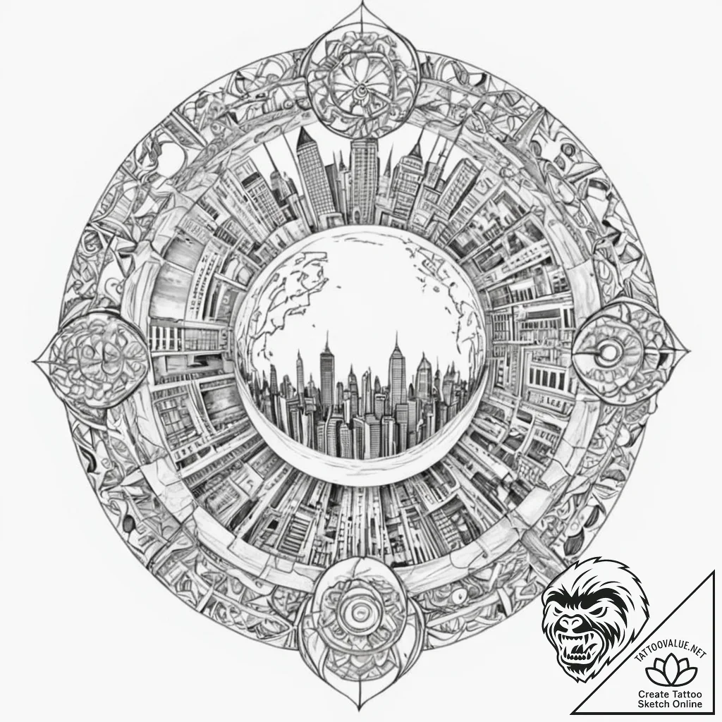 Tattoo sketch, juxtaposed realities globe, a... - tattoo sketch (№1752409646_0, 13.07.2025 12:27) — tattoovalue.net