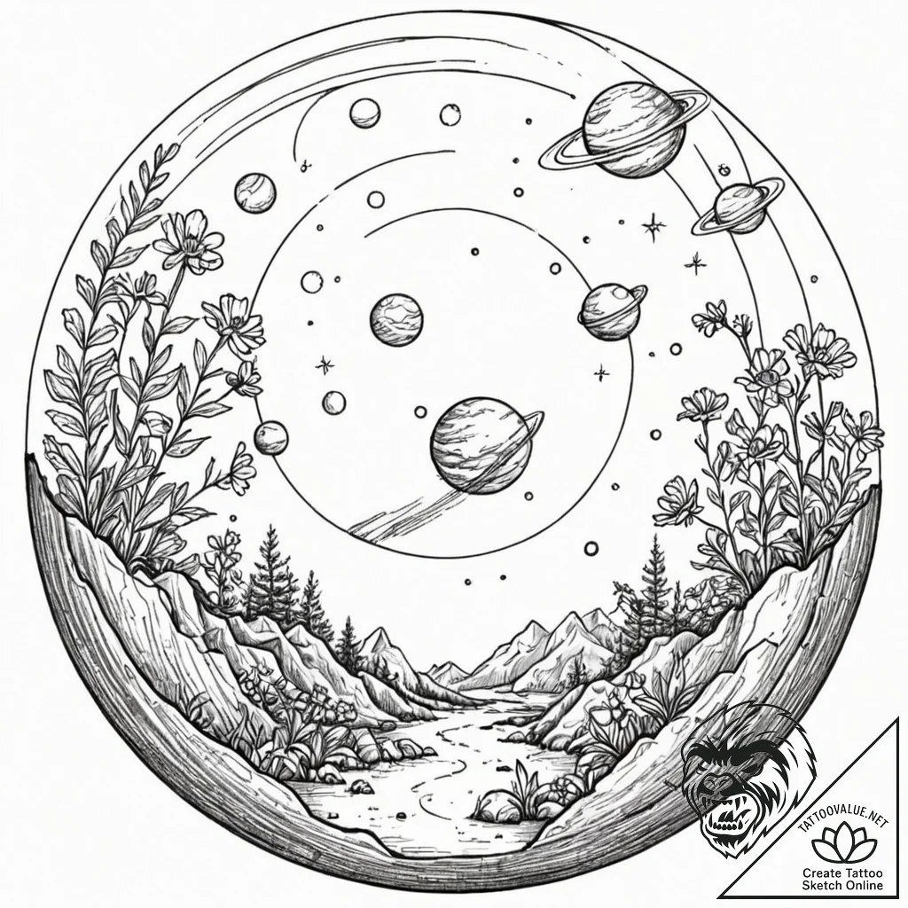 Tattoo sketch, orbital oasis garden, a miniat... - tattoo sketch (№1752410072_0, 13.07.2025 12:34) — tattoovalue.net