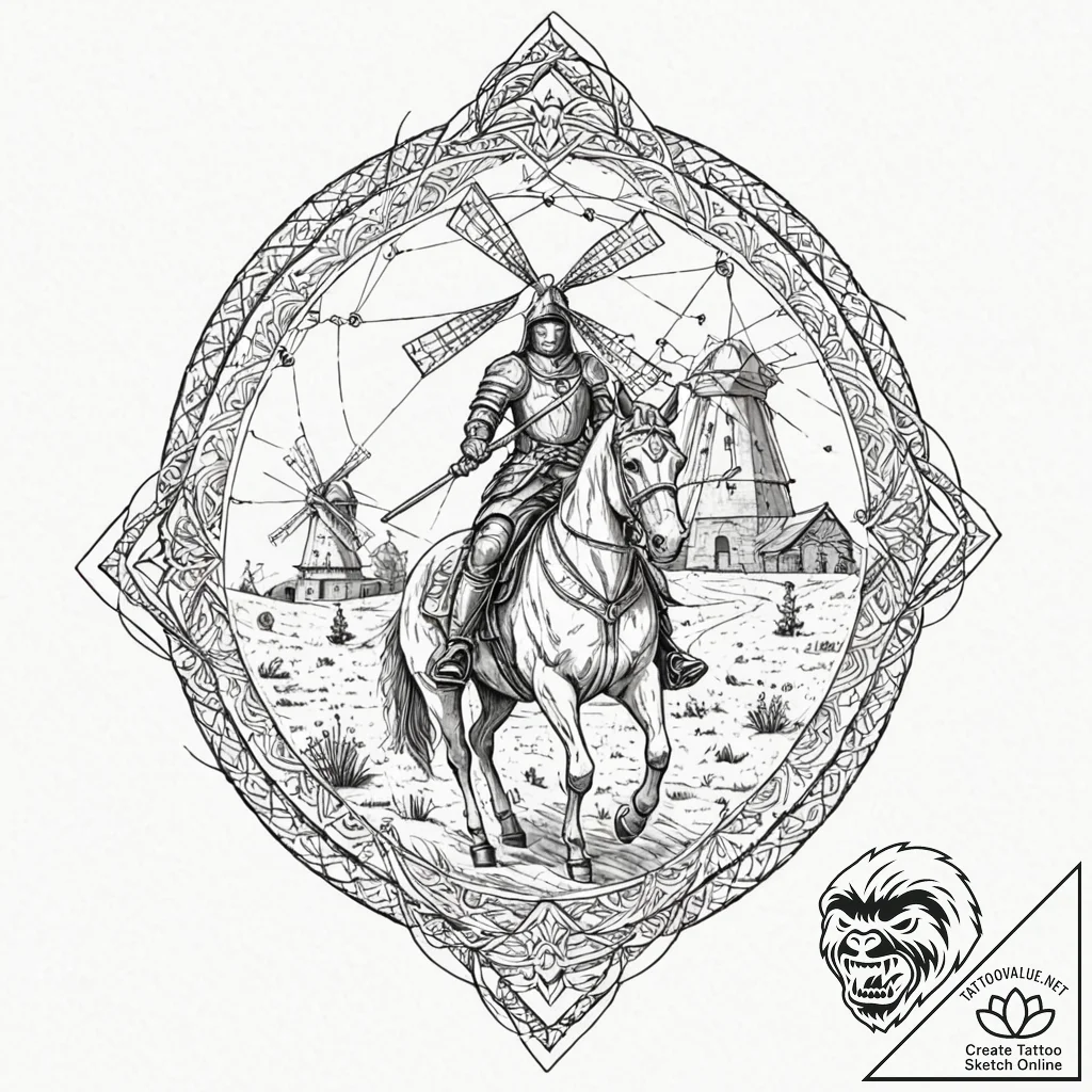 Tattoo sketch, quixotic knight's digital wind... - tattoo sketch (№1752411023_0, 13.07.2025 12:50) — tattoovalue.net