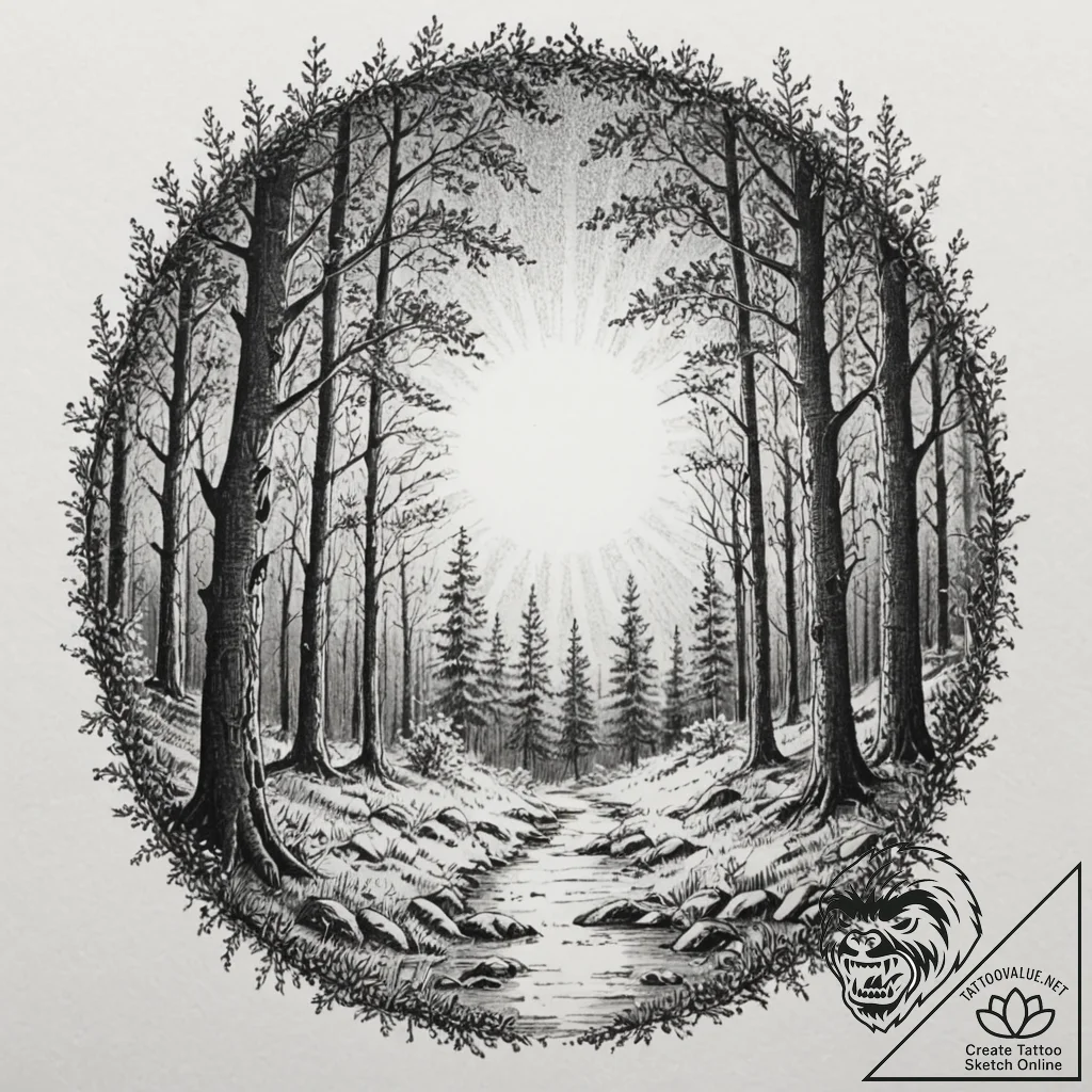 Tattoo sketch, forest glade, portal hidden, a... - tattoo sketch (№1752416532_0, 13.07.2025 14:22) — tattoovalue.net