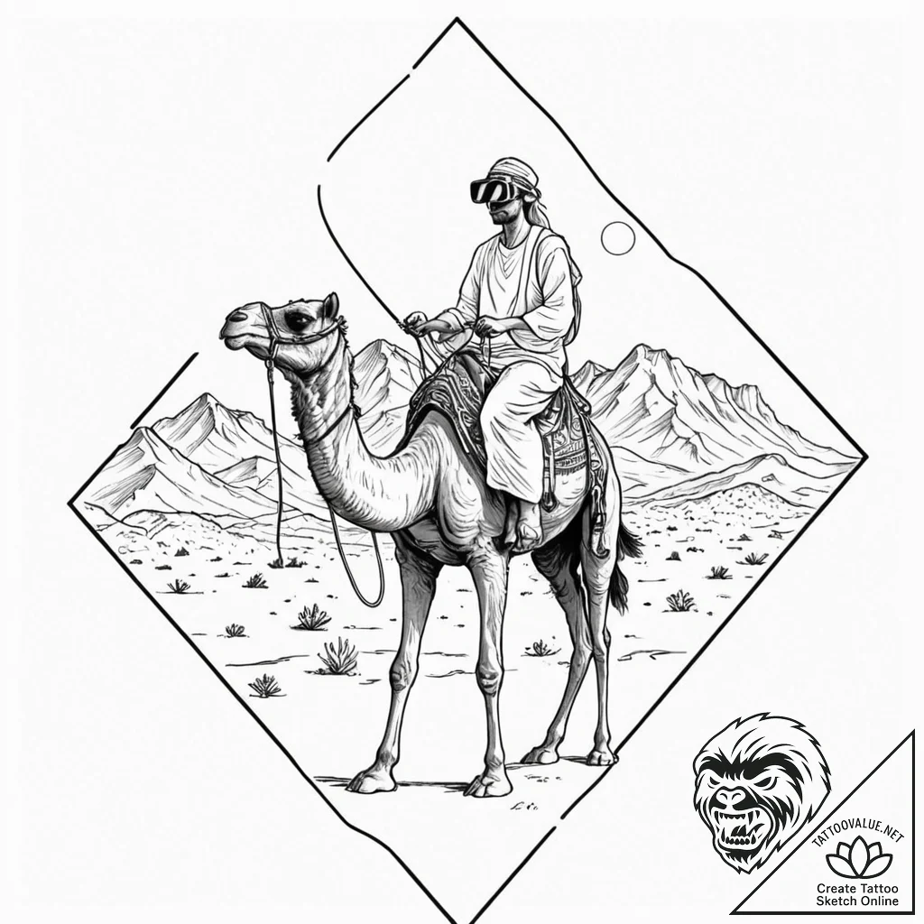 Tattoo sketch, desert nomad in vr, a lone fig... - tattoo sketch (№1752416609_0, 13.07.2025 14:23) — tattoovalue.net