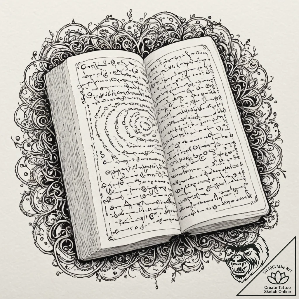 Tattoo sketch, enchanted code book, an ancien... - tattoo sketch (№1752416762_0, 13.07.2025 14:26) — tattoovalue.net