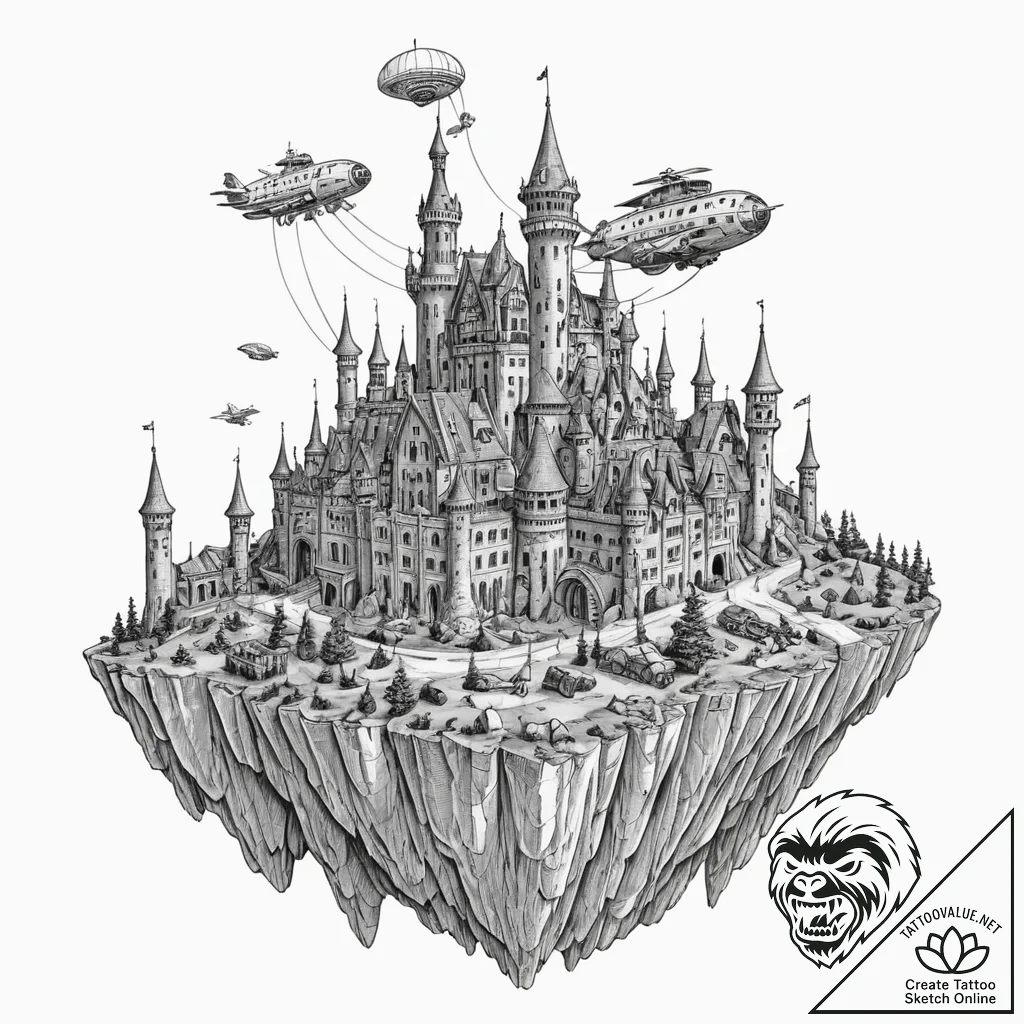 Tattoo sketch, flying fortress of dreams, a m... - tattoo sketch (№1752416839_0, 13.07.2025 14:27) — tattoovalue.net