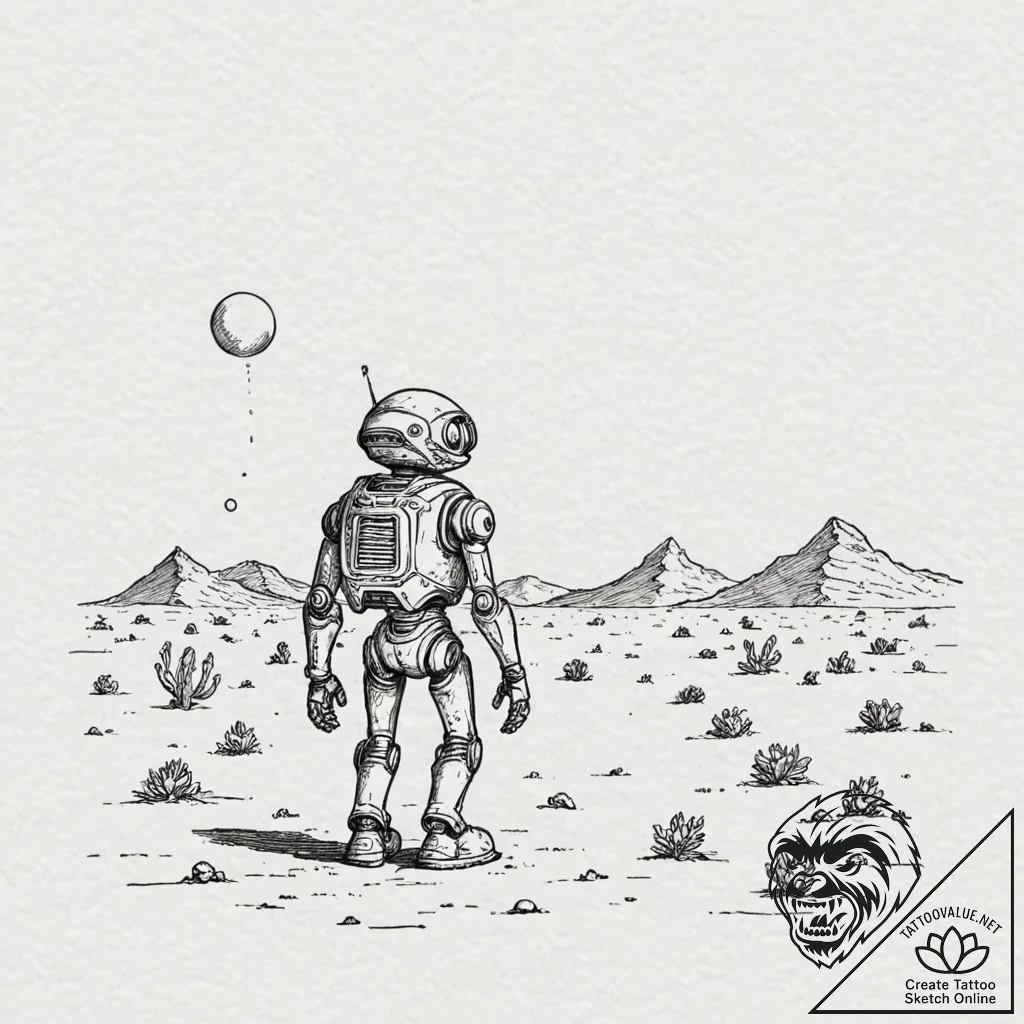 Tattoo sketch, lonesome robot wanderer, a sma... - tattoo sketch (№1752419791_0, 13.07.2025 15:16) — tattoovalue.net
