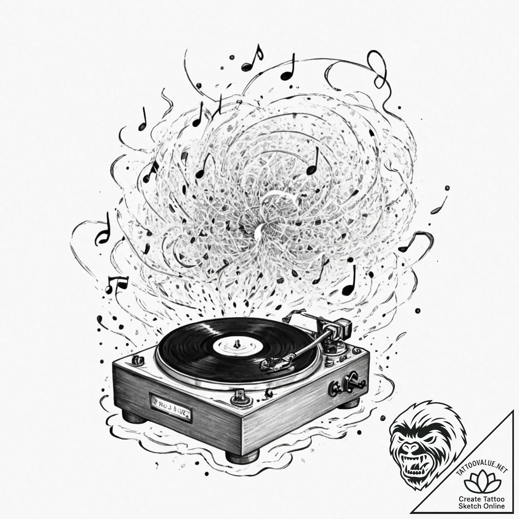 Tattoo sketch, broken record player emitting... - tattoo sketch (№1752421501_0, 13.07.2025 15:45) — tattoovalue.net