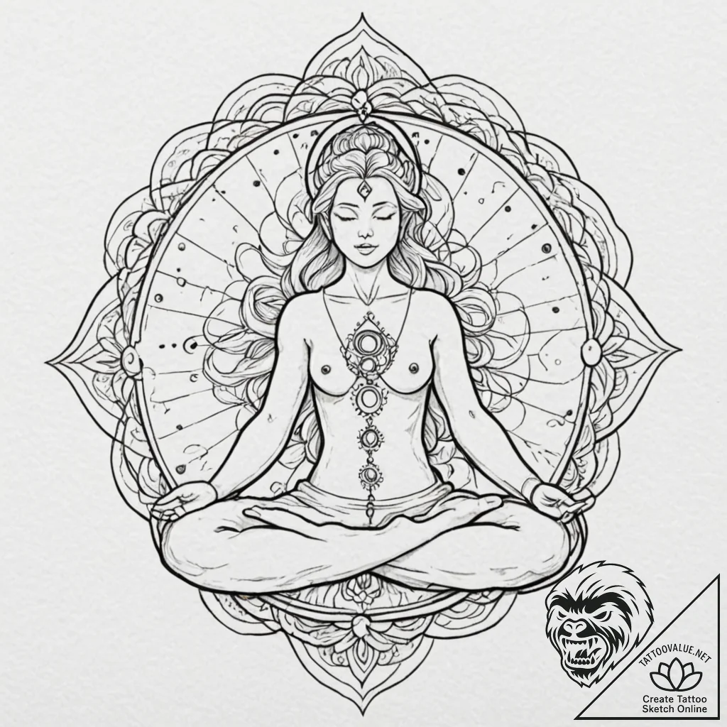 Tattoo sketch, meditating figure, cosmic aura... - tattoo sketch (№1752422003_0, 13.07.2025 15:53) — tattoovalue.net