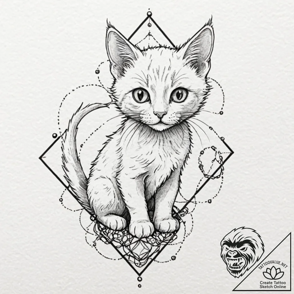 Tattoo sketch, quantum kitten, a playful kitt... - tattoo sketch (№1752422425_0, 13.07.2025 16:00) — tattoovalue.net