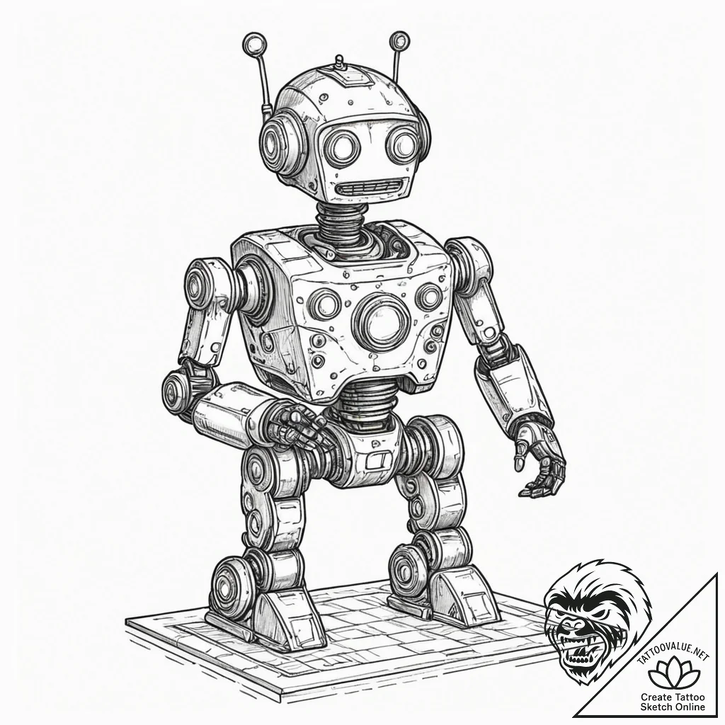 Tattoo sketch, quirky robot architect, a smal... - tattoo sketch (№1752424010_0, 13.07.2025 16:26) — tattoovalue.net