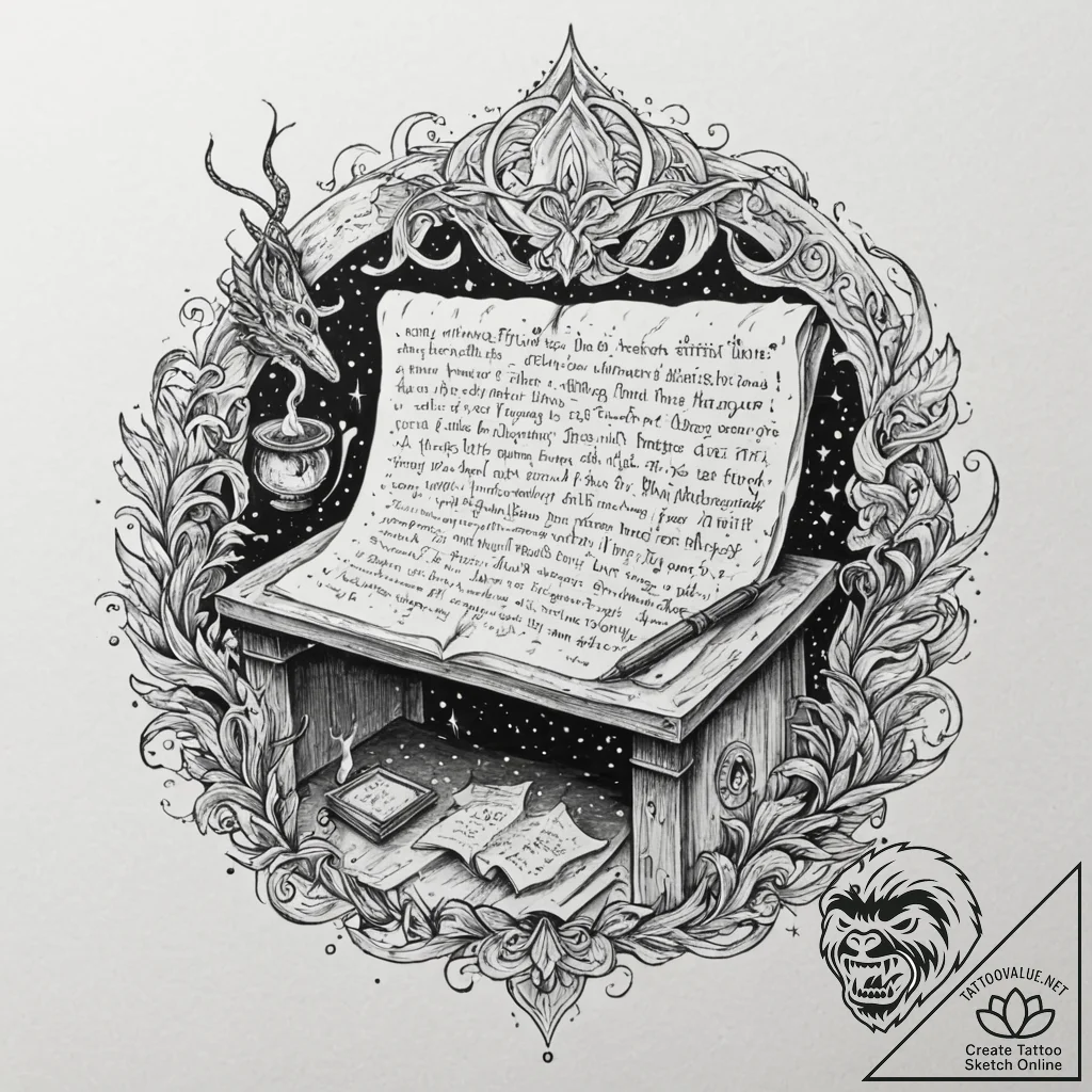 Tattoo sketch, dream weaver's desk, an old, w... - tattoo sketch (№1752424244_0, 13.07.2025 16:30) — tattoovalue.net