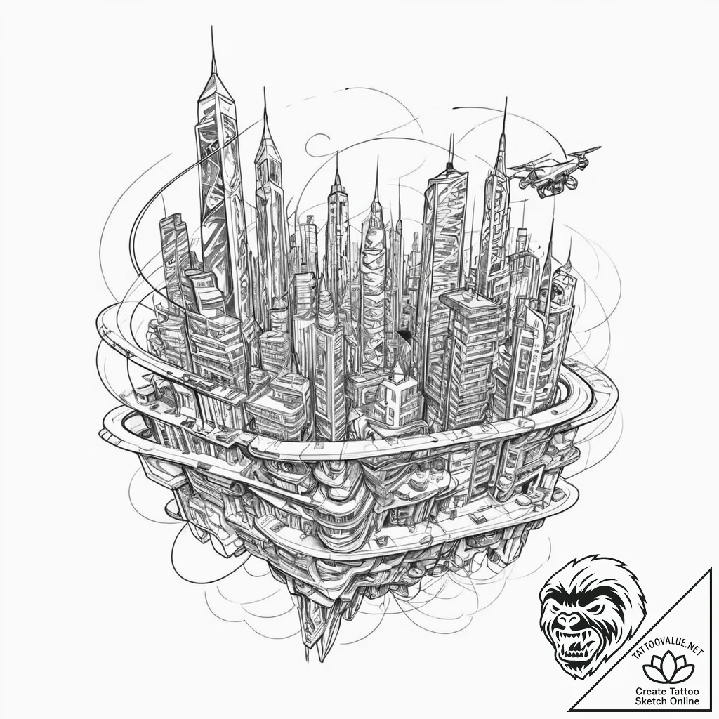 Tattoo sketch, kinetic cityscape drone, a sle... - tattoo sketch (№1752424812_0, 13.07.2025 16:40) — tattoovalue.net